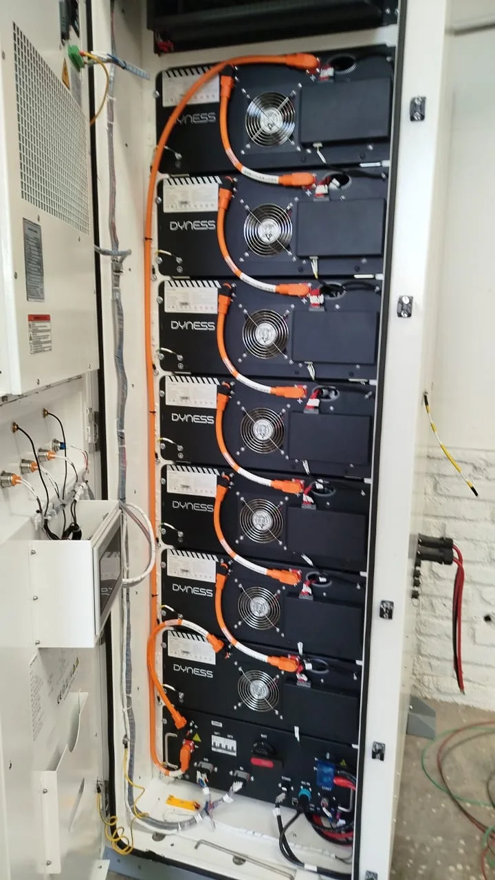 Interior del gabinete de baterías con los siete packs Dyness instalados