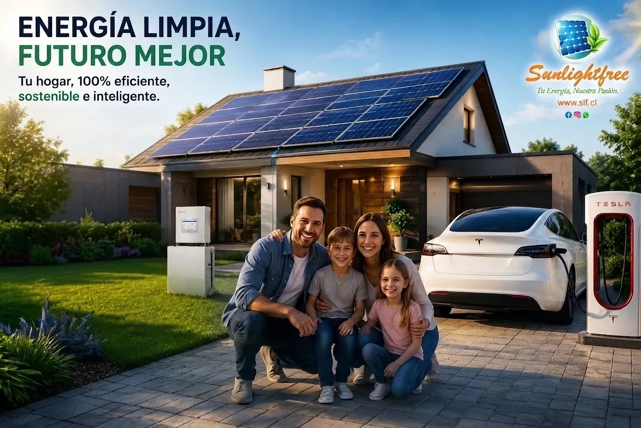 Familia frente a su casa con paneles solares en el techo, batería y cargador para auto eléctrico